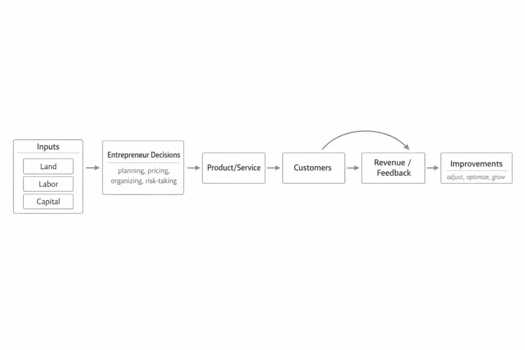 Flowchart showing how entrepreneurship turns inputs into outputs through decisions and feedback.